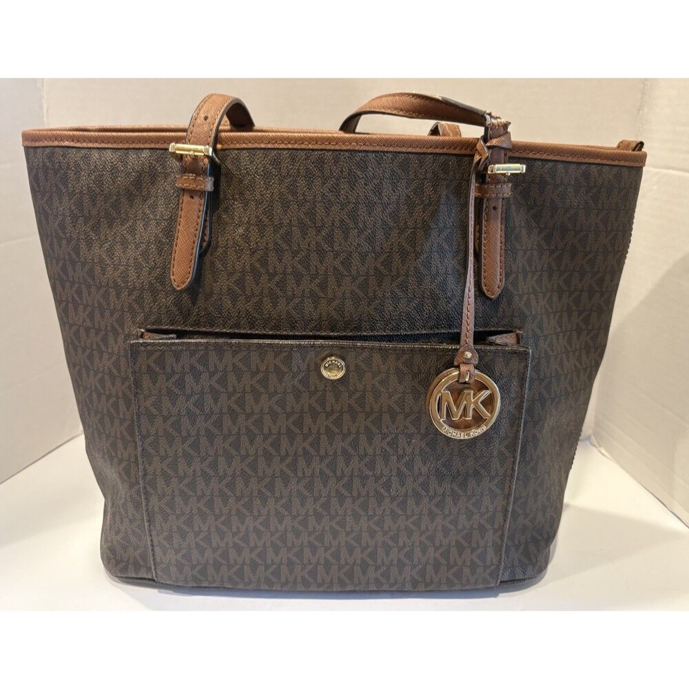 Michael Kors Signature Jet Set Tote Bag Top Zip Snap Pocket